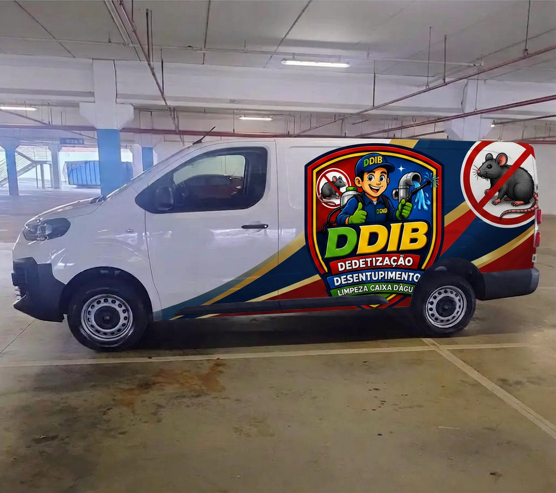 Furgão da frota DDIB Dedetizações com identidade visual da marca, pronto para atendimento de dedetização, desentupimento e limpeza de caixa d'água